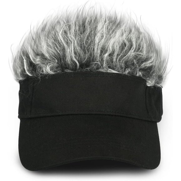 Men's Black and Grey Adjustable Visor Hat with Spiked Wigs Fake Hair Visor - Picture 1 of 6